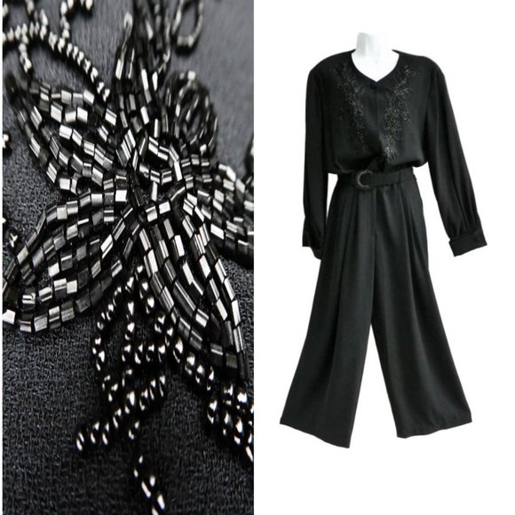 Liz Claiborne Vintage Beaded Black Jumpsuit Elegant Bead Belt Wide Leg Zip XL - Picture 1 of 10